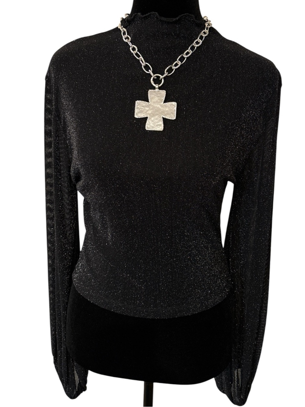 Women's Black Metallic Long-Sleeve Mock Neck Top